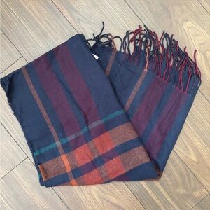 a new day Navy Plaid Fringe Scarf with Rust Stripes